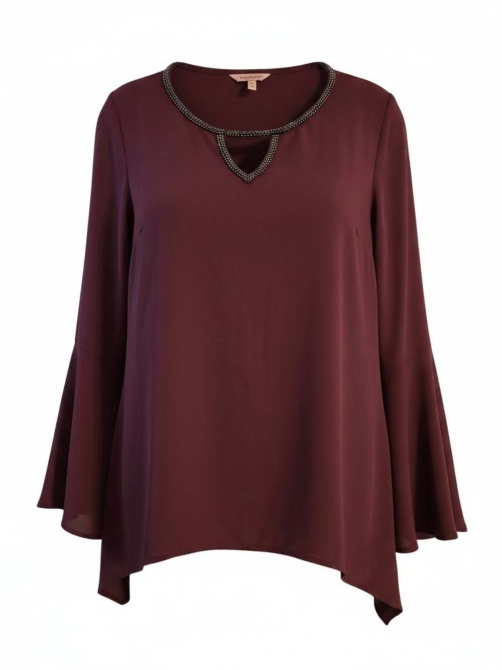 ​Juicy Couture Wine Burgundy Beaded Neckline Bell Sleeve Handkerchief Hem Top XL